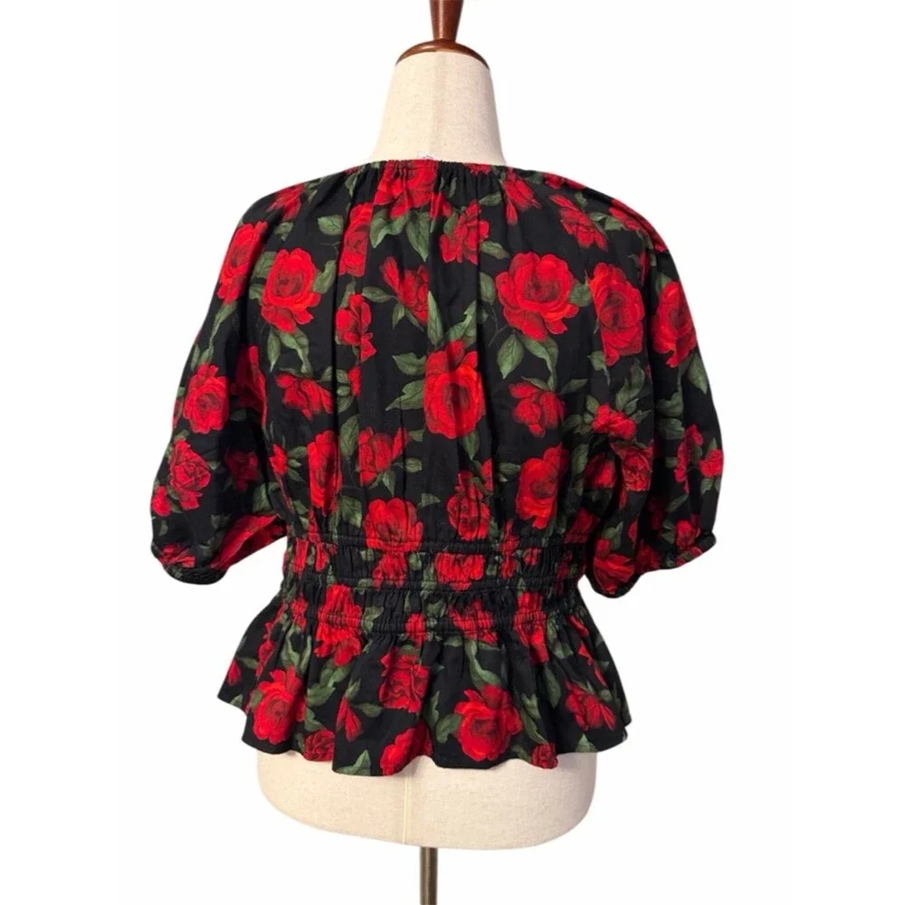 Old Navy Floral Smocked Babydoll Top XL Red Rose Print Puff Sleeve Boho
